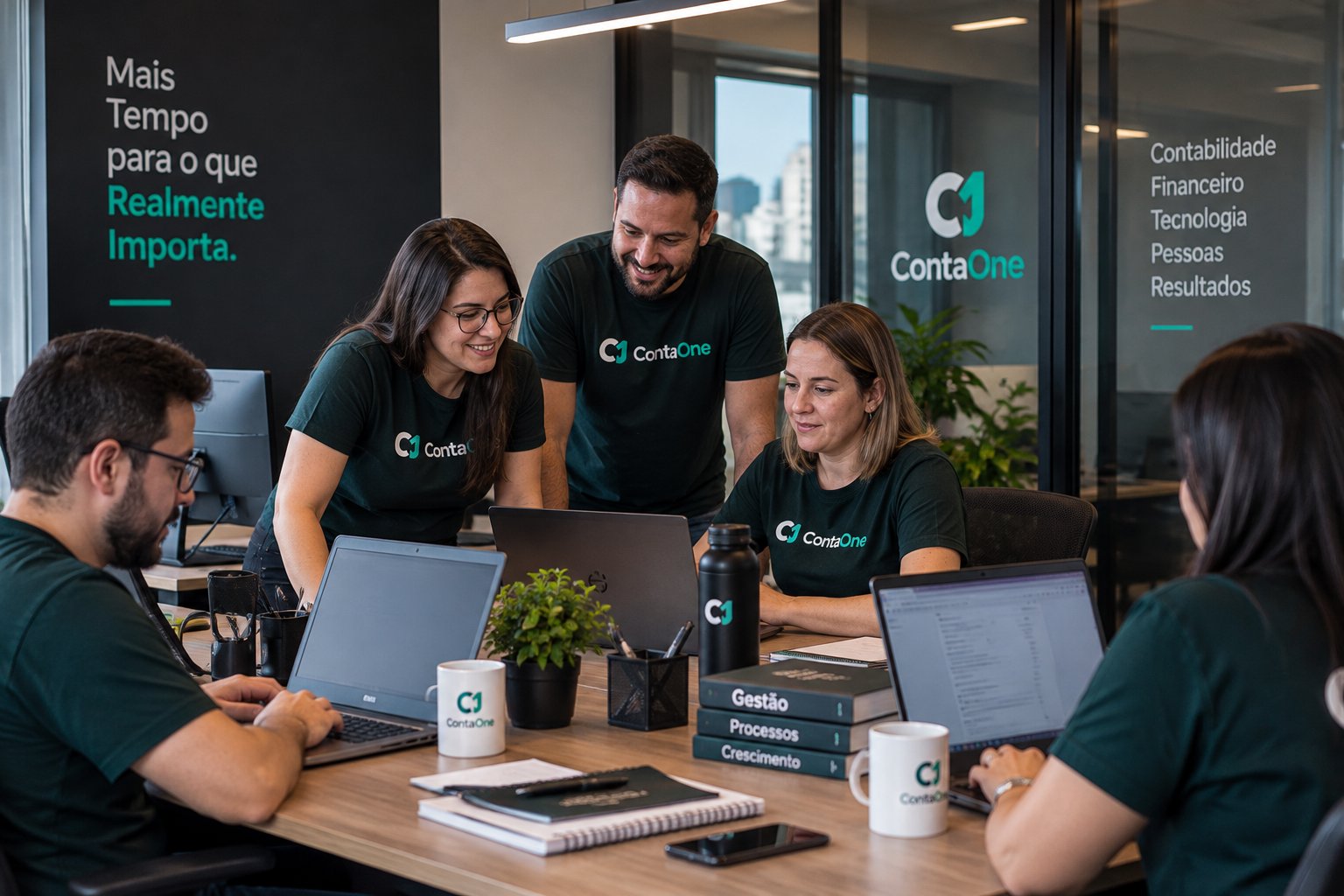 Imagem institucional de uma equipe colaborando em um ambiente ContaOne