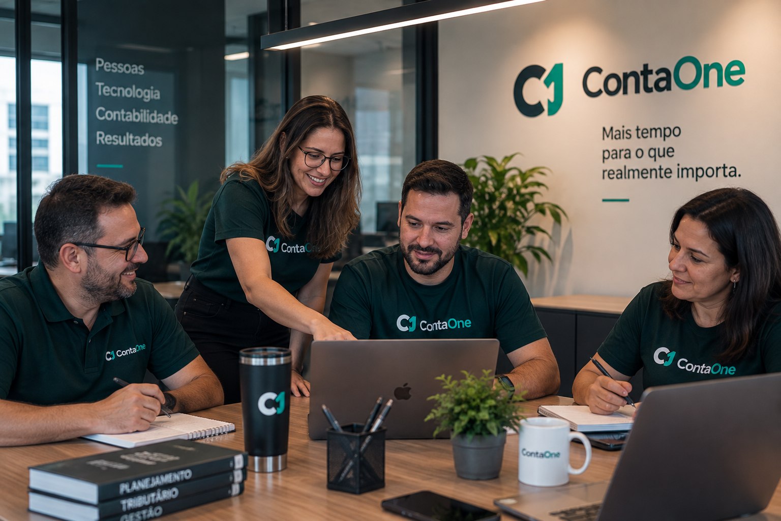 Equipe ContaOne reunida em torno de um computador durante uma orientação financeira